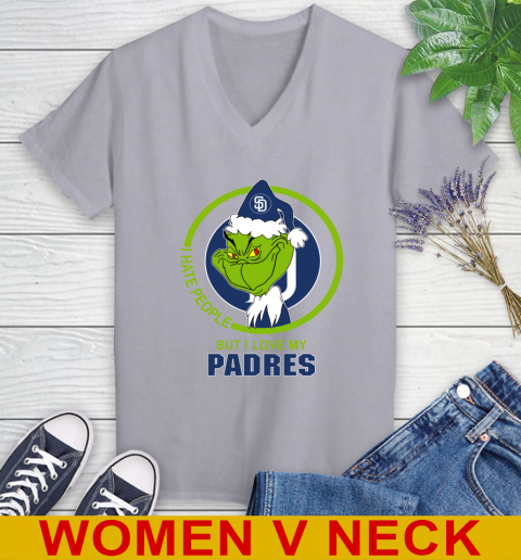 San Diego Padres MLB Christmas Grinch I Hate People But I Love My Favorite Baseball Team Women's V-Neck T-Shirt 5