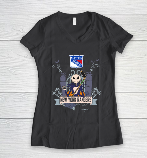 NHL New York Rangers Hockey Jack Skellington Halloween Women's V-Neck T-Shirt 6