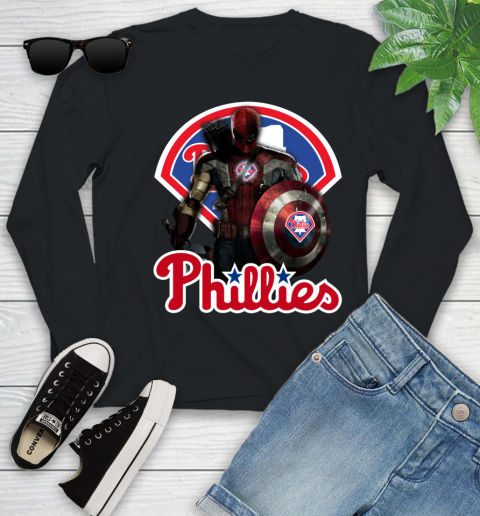 MLB Captain America Thor Spider Man Hawkeye Avengers Endgame Baseball Philadelphia Phillies Youth Long Sleeve 2