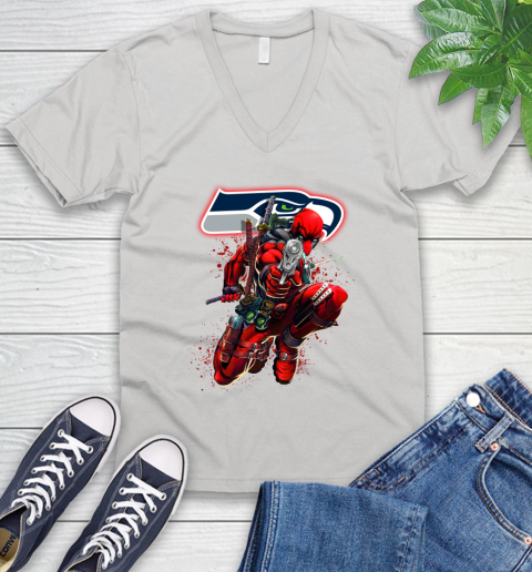 NFL Deadpool Marvel Comics Sports Football Seattle Seahawks V-Neck T-Shirt