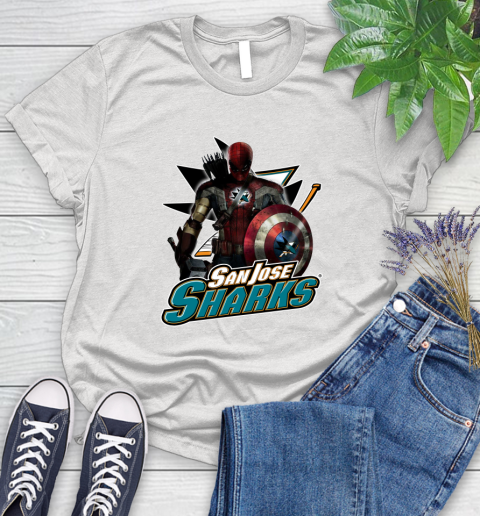 NHL Captain America Thor Spider Man Hawkeye Avengers Endgame Hockey San Jose Sharks Women's T-Shirt
