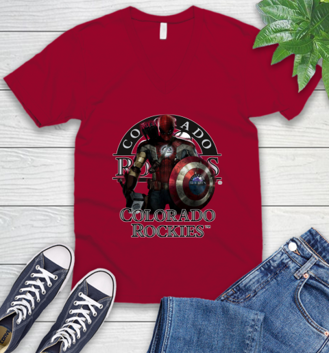 MLB Captain America Thor Spider Man Hawkeye Avengers Endgame Baseball Colorado Rockies V-Neck T-Shirt 8