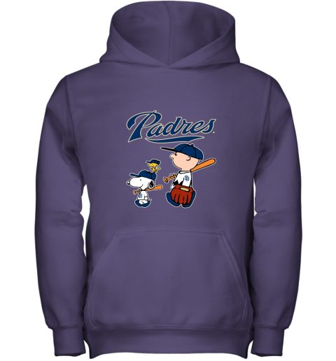 i50l san diego padres lets play baseball together snoopy mlb shirt youth hoodie 43 front purple