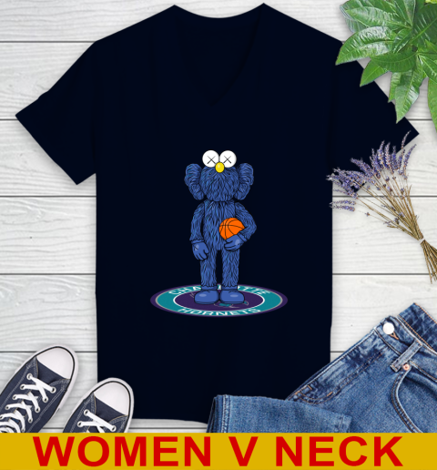 NBA Basketball Charlotte Hornets Kaws Bff Blue Figure Shirt Women's V-Neck T-Shirt 3