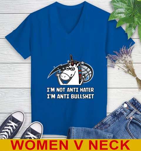 Orlando Magic NBA Basketball Unicorn I'm Not Anti Hater I'm Anti Bullshit Women's V-Neck T-Shirt 11