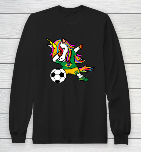 Funny Dabbing Unicorn Brazil Football Brazilian Flag Soccer Long Sleeve T-Shirt