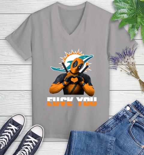NHL Miami Dolphins Deadpool Love You Fuck You Football Sports Women's V-Neck T-Shirt 4