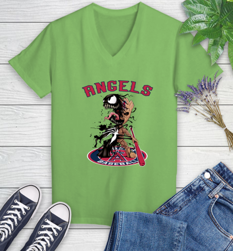 MLB Los Angeles Angels Baseball Venom Groot Guardians Of The Galaxy Women's V-Neck T-Shirt 11