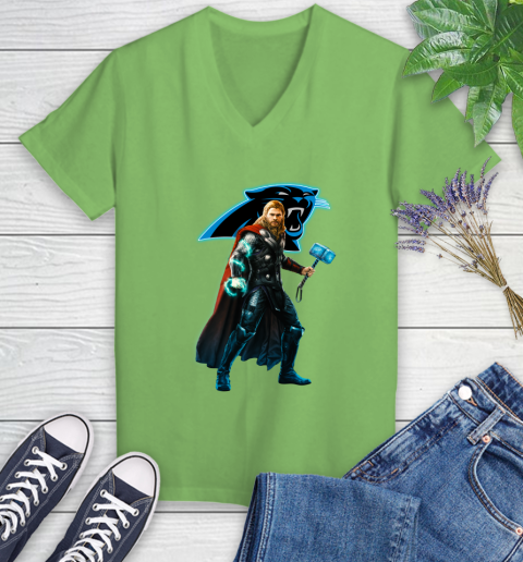 NFL Thor Avengers Endgame Football Carolina Panthers Women's V-Neck T-Shirt 11