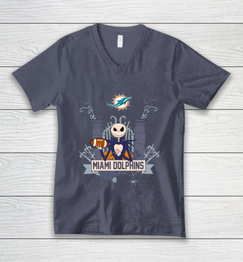 NFL Miami Dolphins Football Jack Skellington Halloween V-Neck T-Shirt 7
