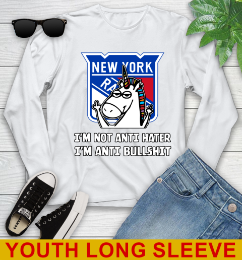 New York Rangers NHL Hockey Unicorn I'm Not Anti Hater I'm Anti Bullshit Youth Long Sleeve