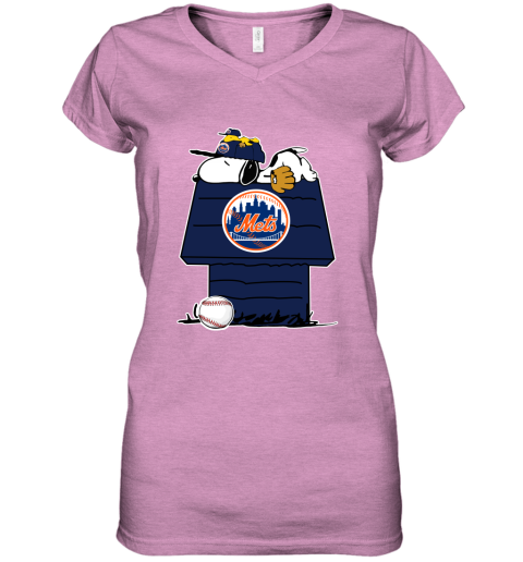 MLB New York Mets Snoopy Woodstock The Peanuts Movie Baseball T Shirt WzRKrZw4GNV women v neck t shirt 39 95 151514 front heather radiant orchid