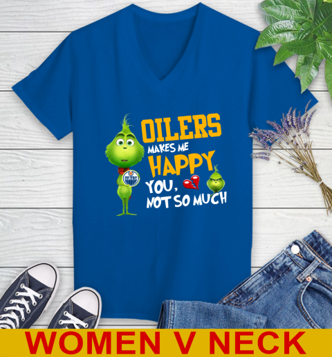 NHL Edmonton Oilers Makes Me Happy You Not So Much Grinch Hockey Sports Women's V-Neck T-Shirt 9