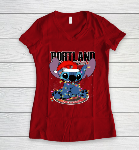 Portland Trail Blazers NBA noel stitch Basketball Christmas Women's V-Neck T-Shirt 6