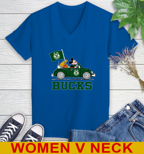NBA Basketball Milwaukee Bucks Pluto Mickey Driving Disney Shirt Women's V-Neck T-Shirt 11