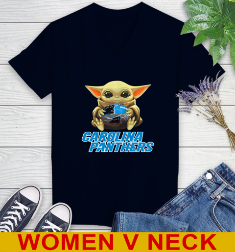 NFL Football Carolina Panthers Baby Yoda Star Wars Shirt Women's V-Neck T-Shirt 3