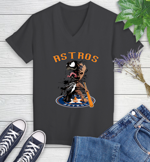 MLB Houston Astros Baseball Venom Groot Guardians Of The Galaxy Women's V-Neck T-Shirt 8