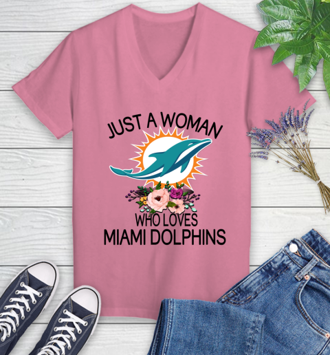 NFL Just A Woman Who Loves Miami Dolphins Football Sports Women's V-Neck T-Shirt 8