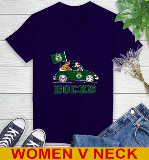 NBA Basketball Milwaukee Bucks Pluto Mickey Driving Disney Shirt Women's V-Neck T-Shirt 4