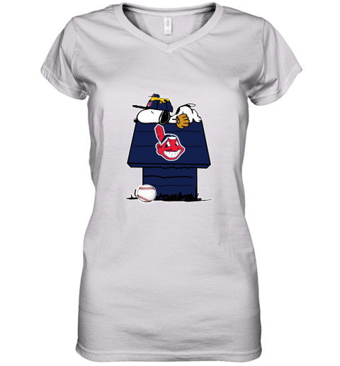 Cleveland Indians Snoopy And Woodstock Resting Together MLB Women's V-Neck T-Shirt