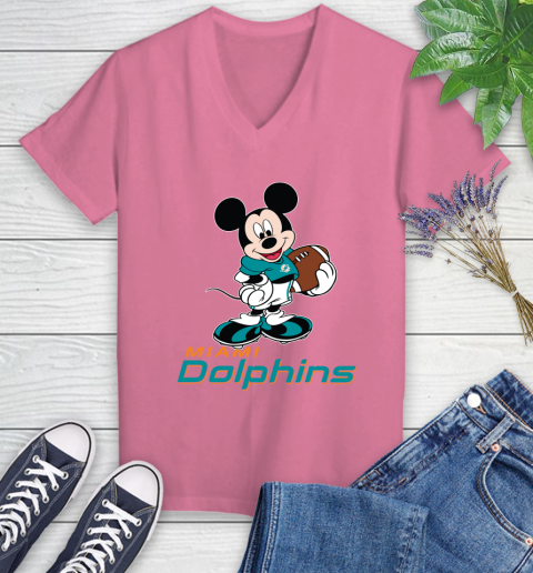 NFL Football Miami Dolphins Cheerful Mickey Mouse Shirt Women's V-Neck T-Shirt 11