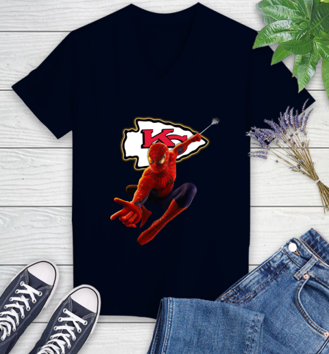 NFL Spider Man Avengers Endgame Football Kansas City Chiefs Women's V-Neck T-Shirt 3