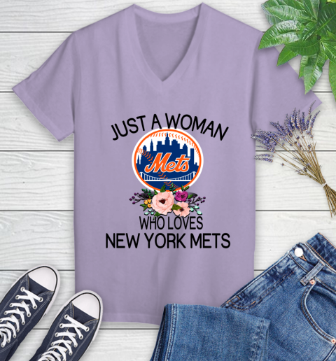 MLB Just A Woman Who Loves New York Mets Baseball Sports Women's V-Neck T-Shirt 9