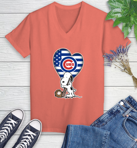 Chicago Cubs MLB Baseball The Peanuts Movie Adorable Snoopy Women's V-Neck T-Shirt 6