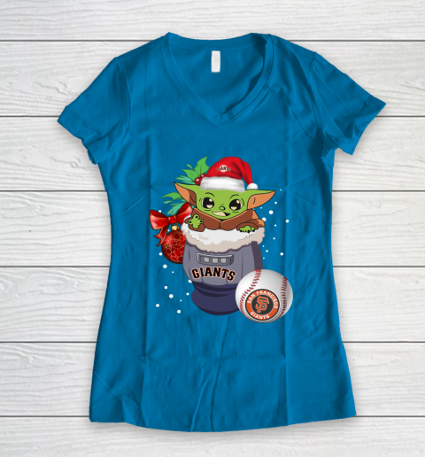 San Francisco Giants Christmas Baby Yoda Star Wars Funny Happy MLB Women's V-Neck T-Shirt 7