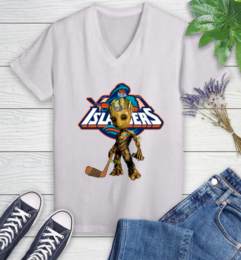 New York Islanders NHL Hockey Groot Marvel Guardians Of The Galaxy Women's V-Neck T-Shirt