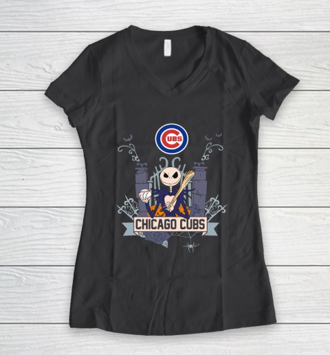 MLB Chicago Cubs Baseball Jack Skellington Halloween Women's V-Neck T-Shirt 6