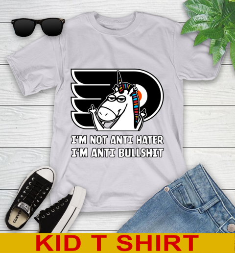 Philadelphia Flyers NHL Hockey Unicorn I'm Not Anti Hater I'm Anti Bullshit Youth T-Shirt 5