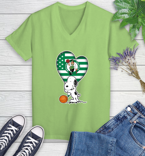 Boston Celtics NBA Basketball The Peanuts Movie Adorable Snoopy Women's V-Neck T-Shirt 11