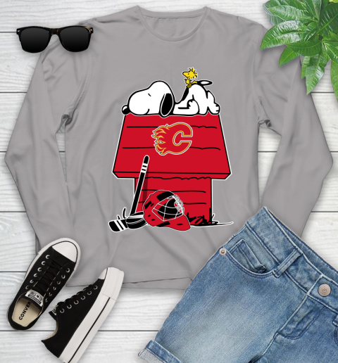 Calgary Flames NHL Hockey Snoopy Woodstock The Peanuts Movie Youth Long Sleeve 5