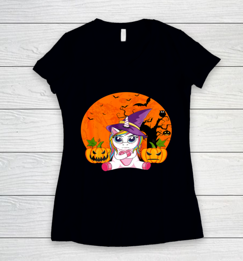 Funny Halloween Shirt Women Witchy Hat Unicorn Women's V-Neck T-Shirt