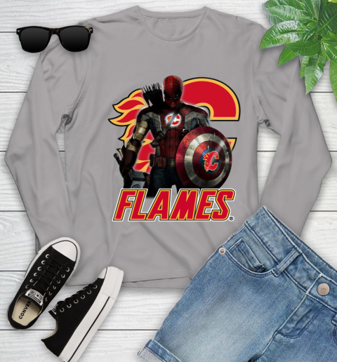 NHL Captain America Thor Spider Man Hawkeye Avengers Endgame Hockey Calgary Flames Youth Long Sleeve 5
