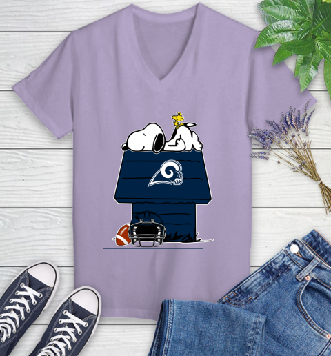 Los Angeles Rams NFL Football Snoopy Woodstock The Peanuts Movie Women's V-Neck T-Shirt 14