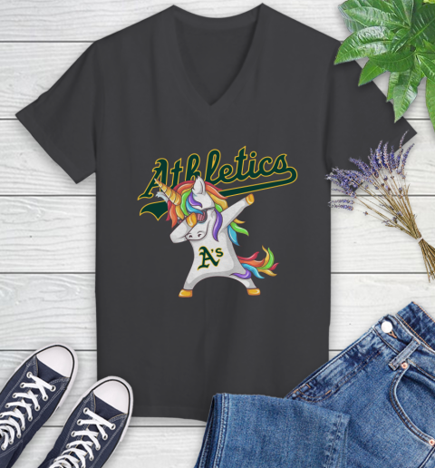Oakland Athletics MLB Baseball Funny Unicorn Dabbing Sports Women's V-Neck T-Shirt 8