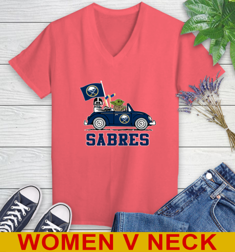 NHL Hockey Buffalo Sabres Darth Vader Baby Yoda Driving Star Wars Shirt Women's V-Neck T-Shirt 7