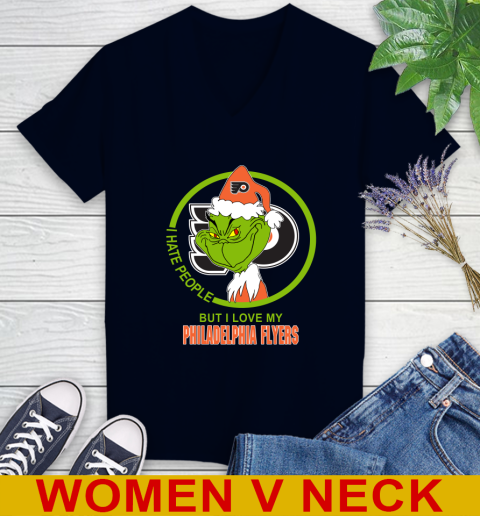 Philadelphia Flyers NHL Christmas Grinch I Hate People But I Love My Favorite Hockey Team Women's V-Neck T-Shirt 3