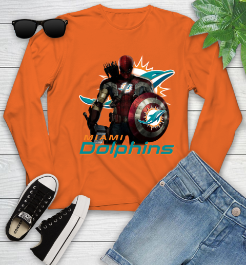 NFL Captain America Thor Spider Man Hawkeye Avengers Endgame Football Miami Dolphins Youth Long Sleeve 4