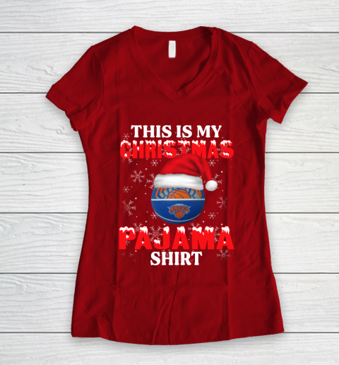 New York Knicks This Is My Christmas Pajama Shirt NBA Women's V-Neck T-Shirt 8