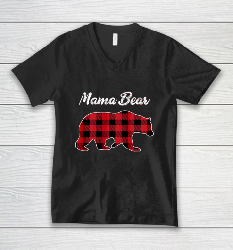 Mama Bear Christmas Pajama Red Plaid Buffalo Gift V-Neck T-Shirt