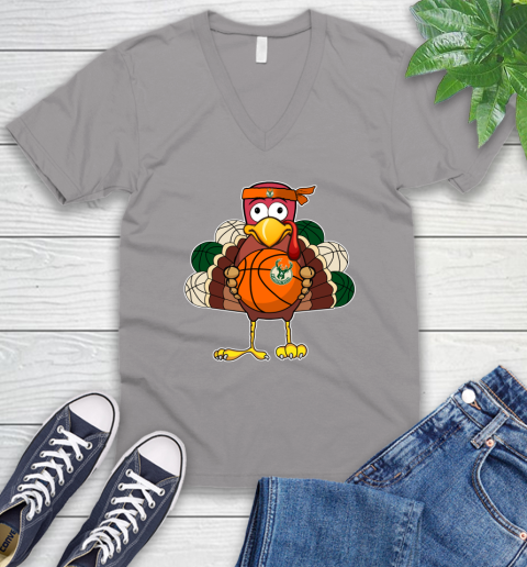 Milwaukee Bucks Turkey thanksgiving day V-Neck T-Shirt 4