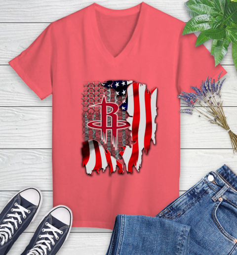 Houston Rockets NBA Basketball American Flag Women's V-Neck T-Shirt 6