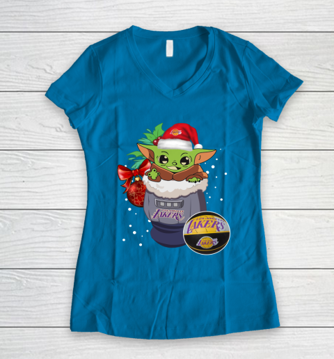 Los Angeles Lakers Christmas Baby Yoda Star Wars Funny Happy NBA Women's V-Neck T-Shirt 7