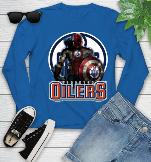 NHL Captain America Thor Spider Man Hawkeye Avengers Endgame Hockey Edmonton Oilers Youth Long Sleeve 9
