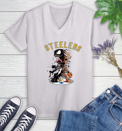 NFL Pittsburgh Steelers Football Venom Groot Guardians Of The Galaxy Women's V-Neck T-Shirt