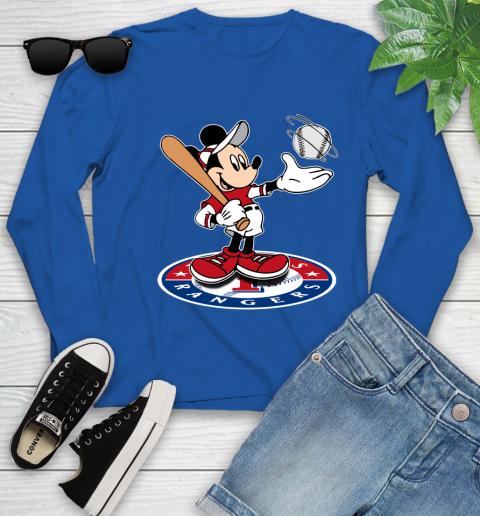 MLB Baseball Texas Rangers Cheerful Mickey Disney Shirt Youth Long Sleeve 10