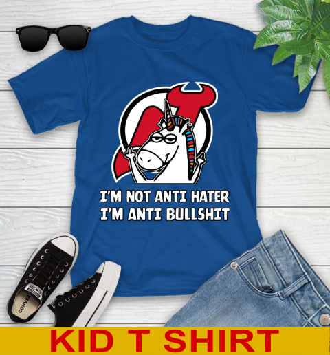 New Jersey Devils NHL Hockey Unicorn I'm Not Anti Hater I'm Anti Bullshit Youth T-Shirt 9